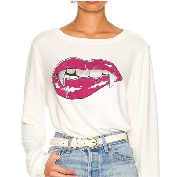 NEW Wildfox Vampire Fangs Holographic Glitter Teeth Lips Graphic Sweatshirt - Picture 3 of 10